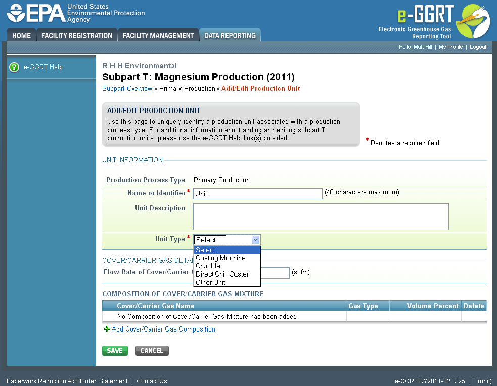 Subpart T: Step 2 - Enter unit information